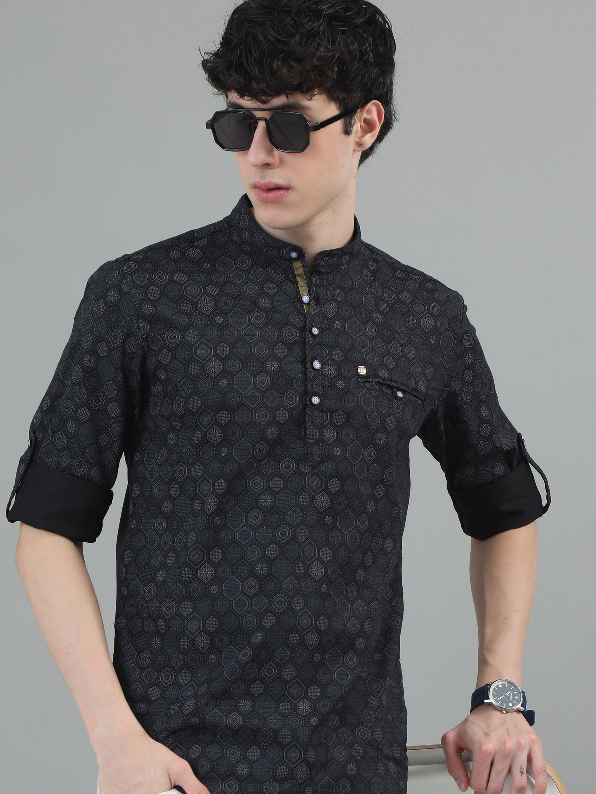 Men Black Slim Fit Printed Full Sleeve Casual Kurta Shirt