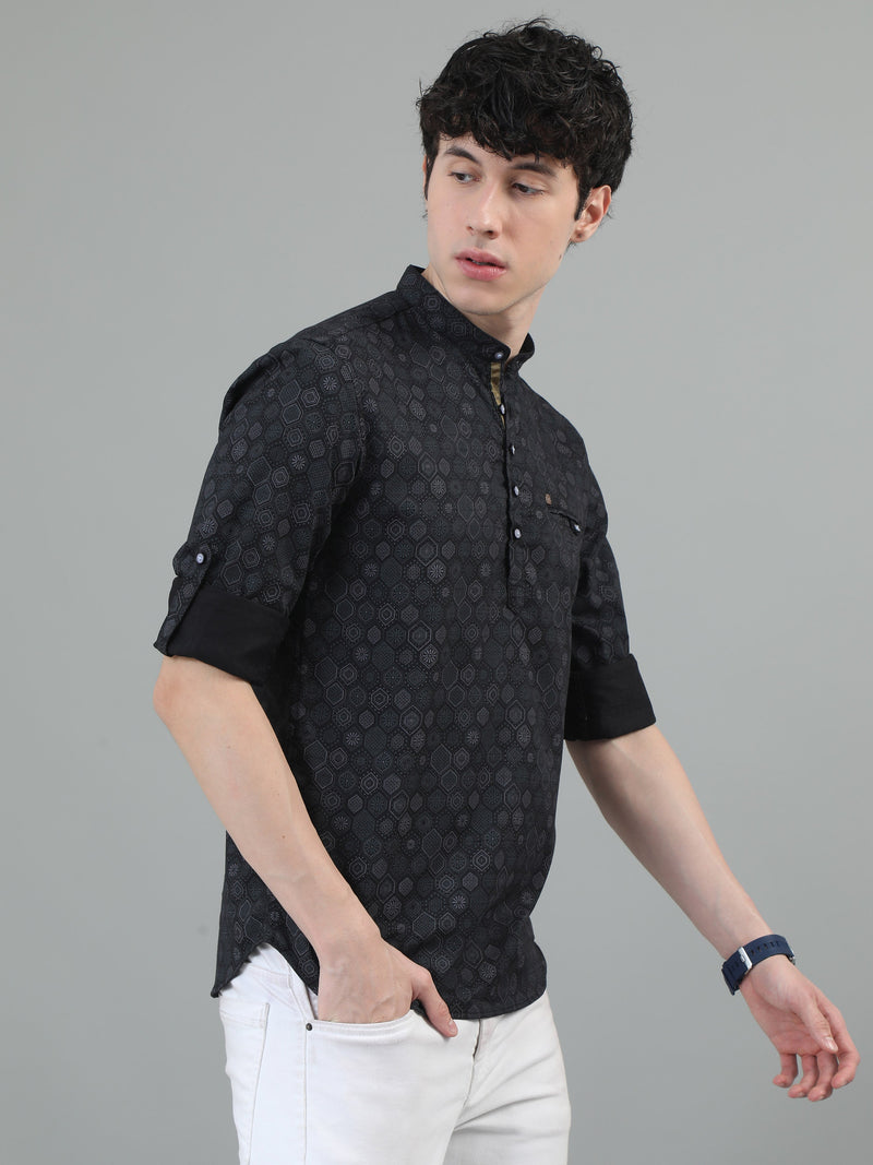 Men Black Slim Fit Printed Full Sleeve Casual Kurta Shirt