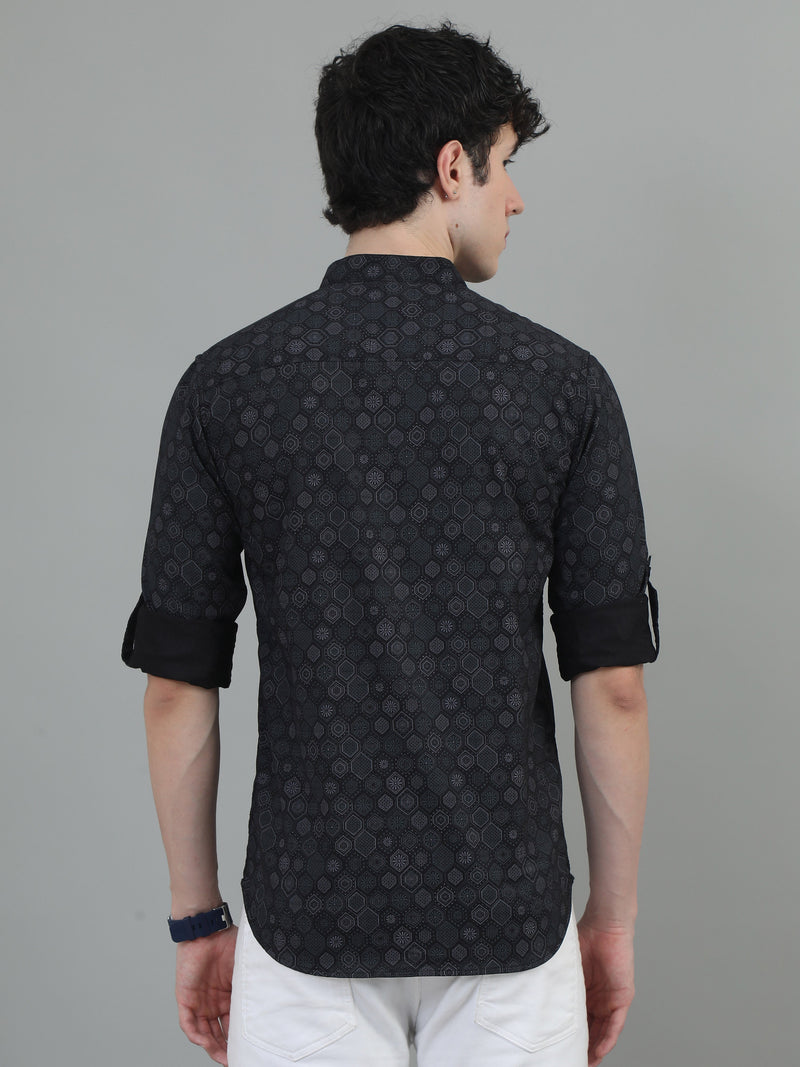 Men Black Slim Fit Printed Full Sleeve Casual Kurta Shirt