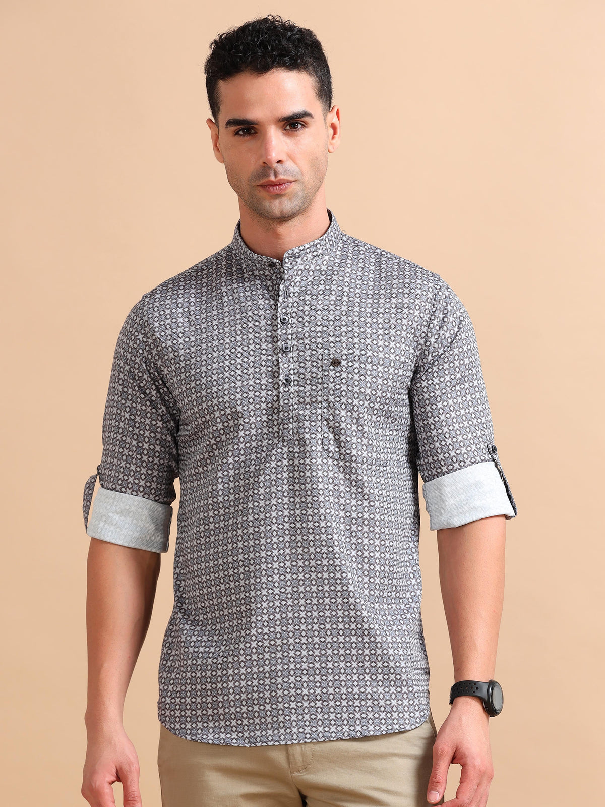 Men Brown Slim Fit Printed Full Sleeve Casual Kurta Shirt