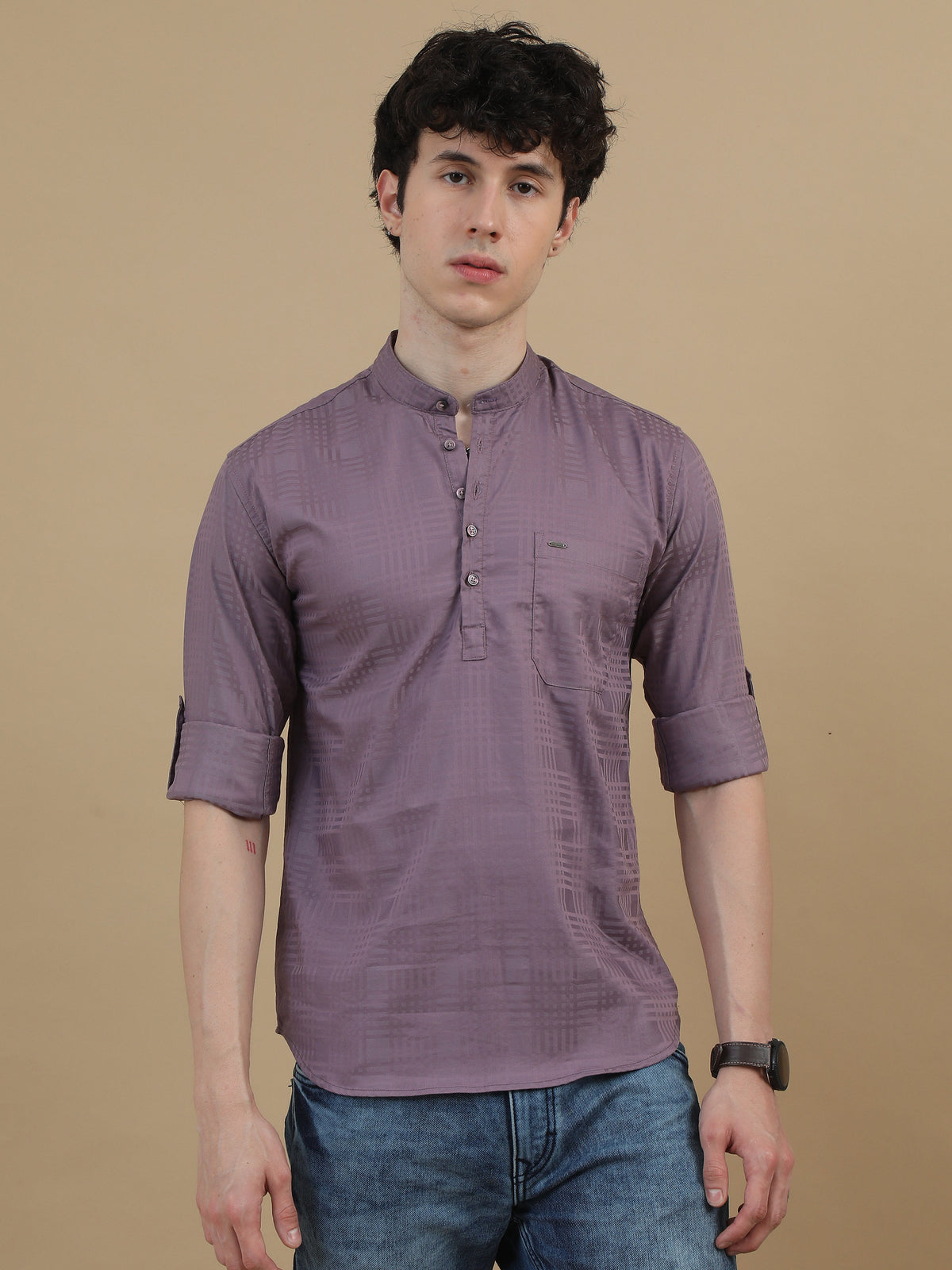 Men Purple Slim Fit Checks Full Sleeve Casual Kurta Shirt