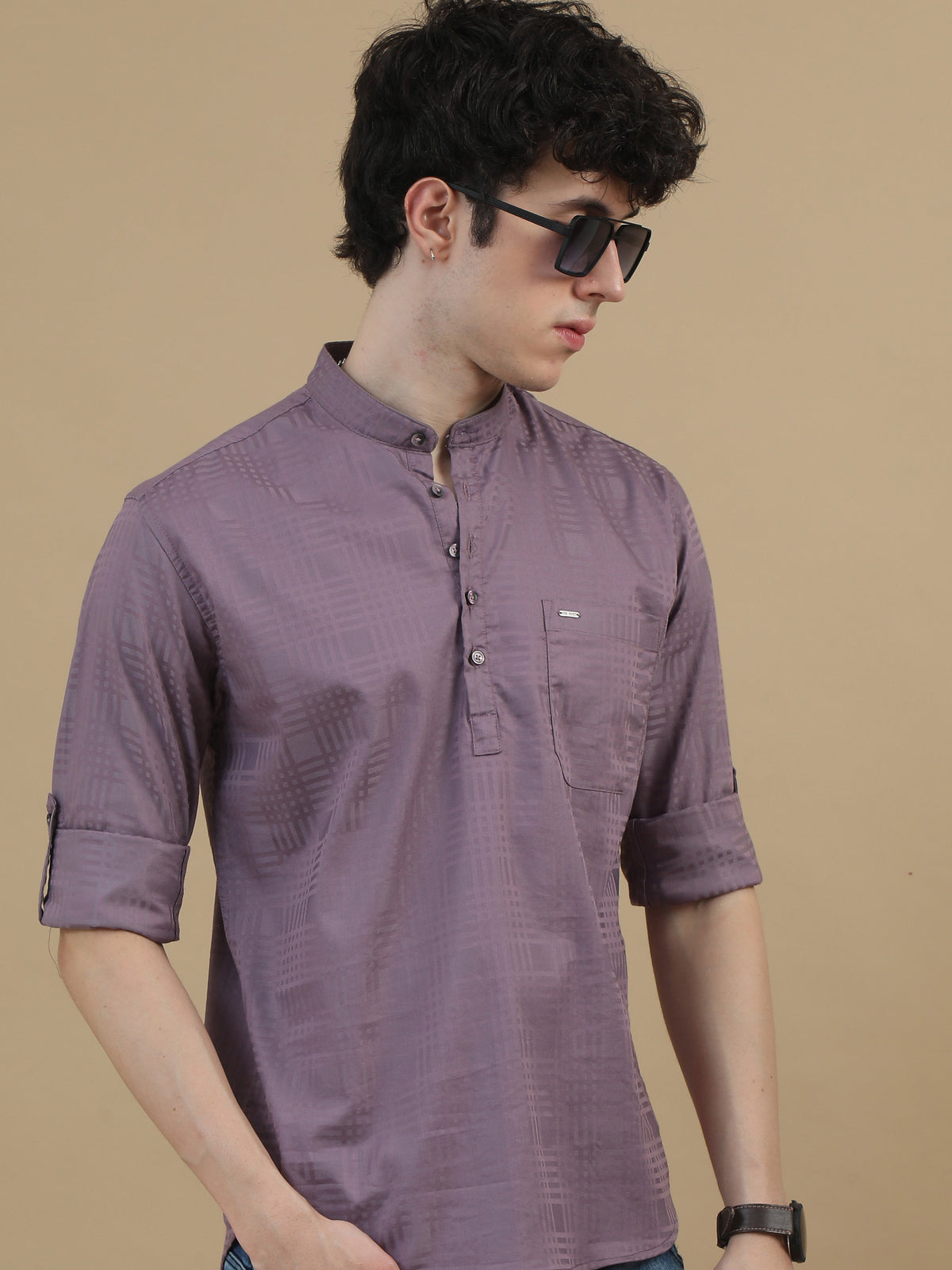 Men Purple Slim Fit Checks Full Sleeve Casual Kurta Shirt