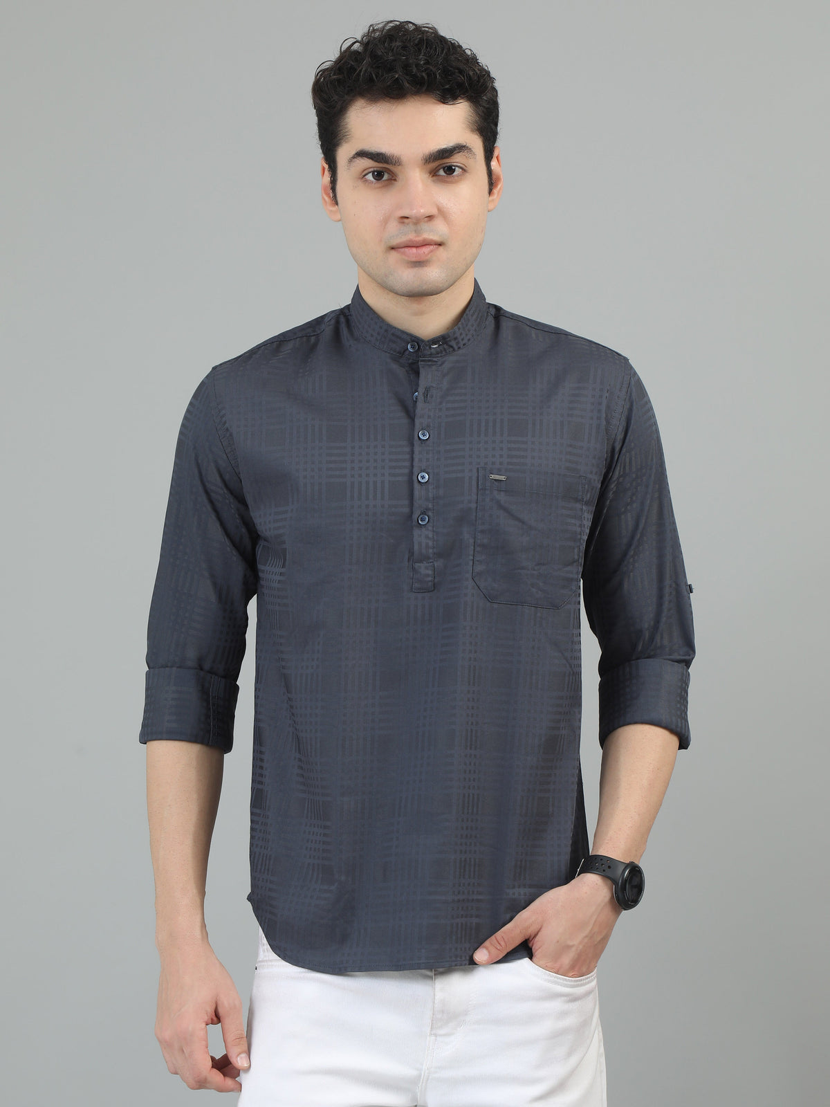 Men Dark Grey  Slim Fit Check Full Sleeve Casual Kurta Shirt