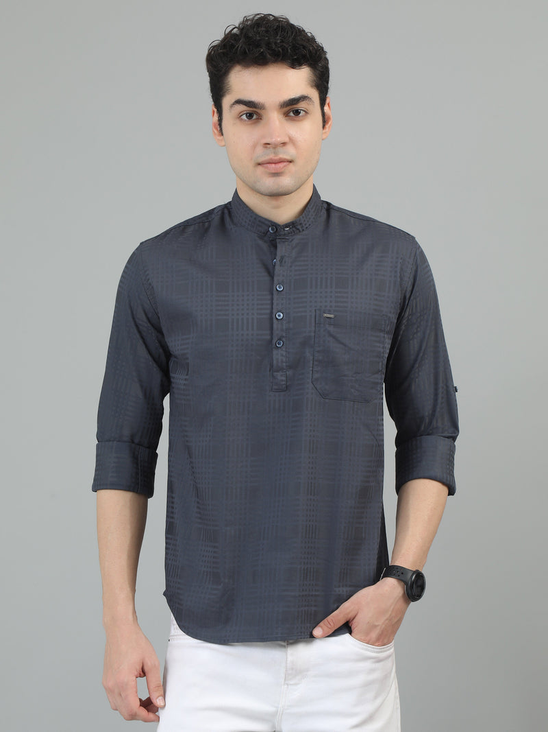 Men Dark Grey  Slim Fit Check Full Sleeve Casual Kurta Shirt