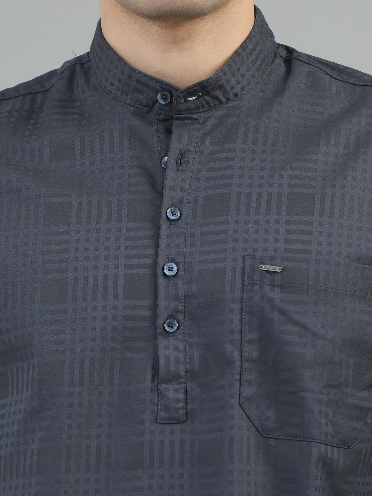 Men Dark Grey  Slim Fit Check Full Sleeve Casual Kurta Shirt