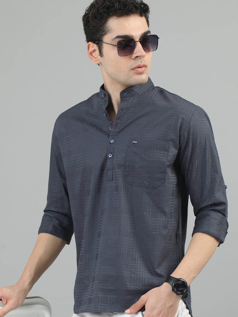 Men Dark Grey  Slim Fit Check Full Sleeve Casual Kurta Shirt