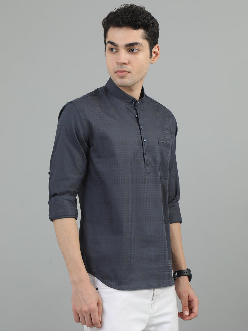 Men Dark Grey  Slim Fit Check Full Sleeve Casual Kurta Shirt