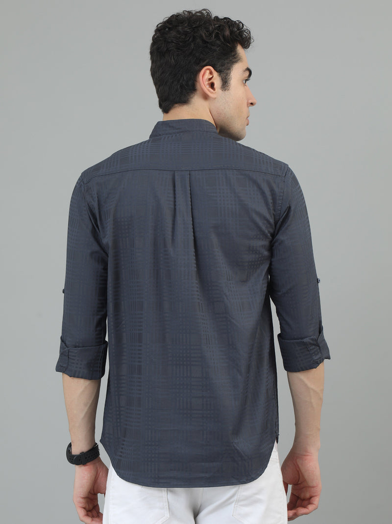 Men Dark Grey  Slim Fit Check Full Sleeve Casual Kurta Shirt