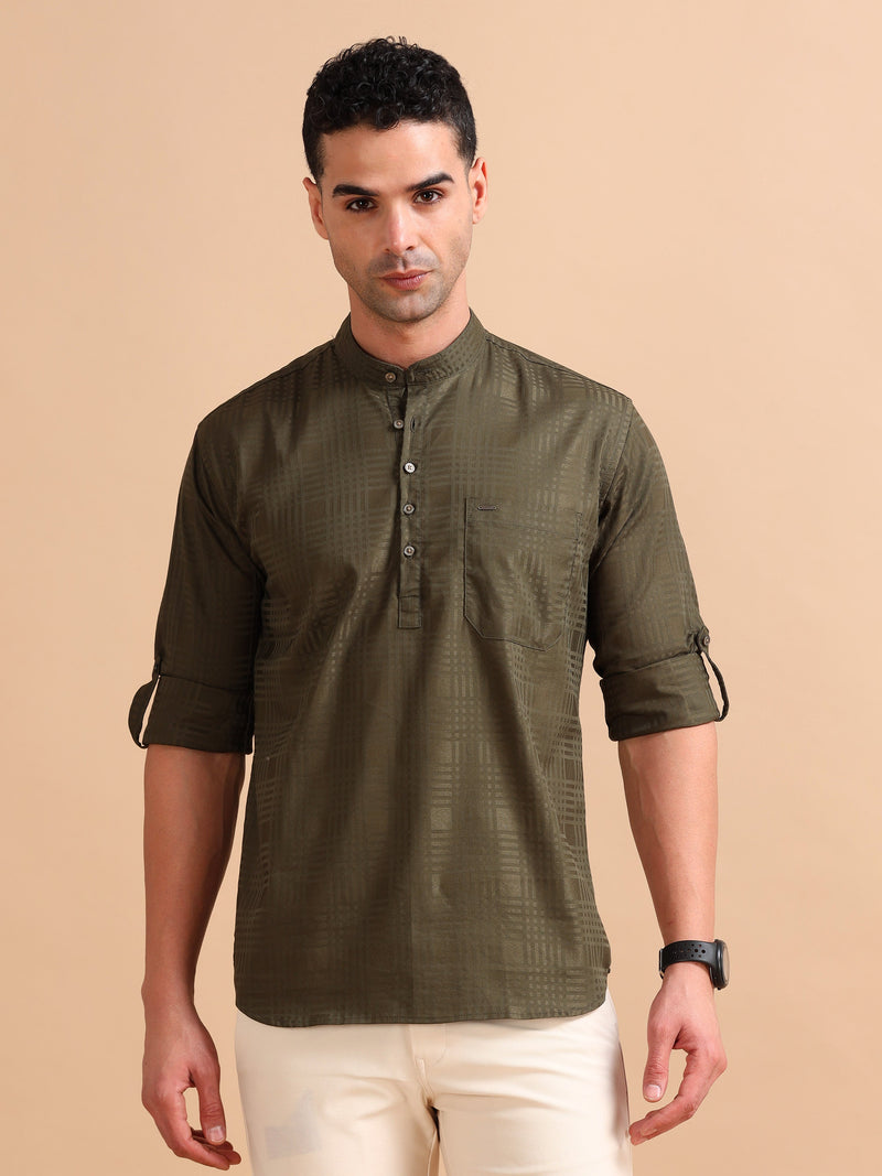 Men Green Slim Fit Checks Full Sleeve Casual Kurta Shirt