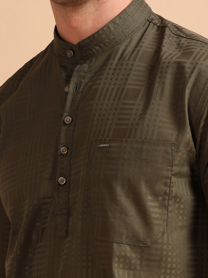 Men Green Slim Fit Checks Full Sleeve Casual Kurta Shirt