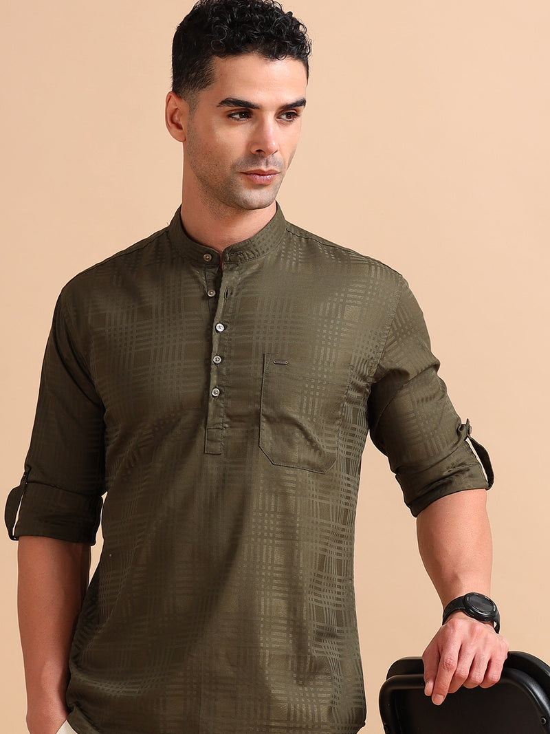 Men Green Slim Fit Checks Full Sleeve Casual Kurta Shirt