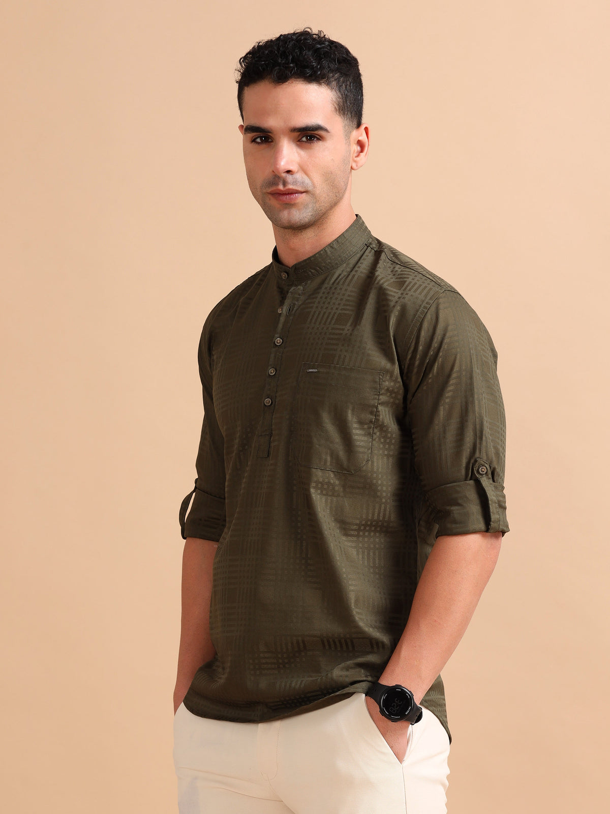 Men Green Slim Fit Checks Full Sleeve Casual Kurta Shirt