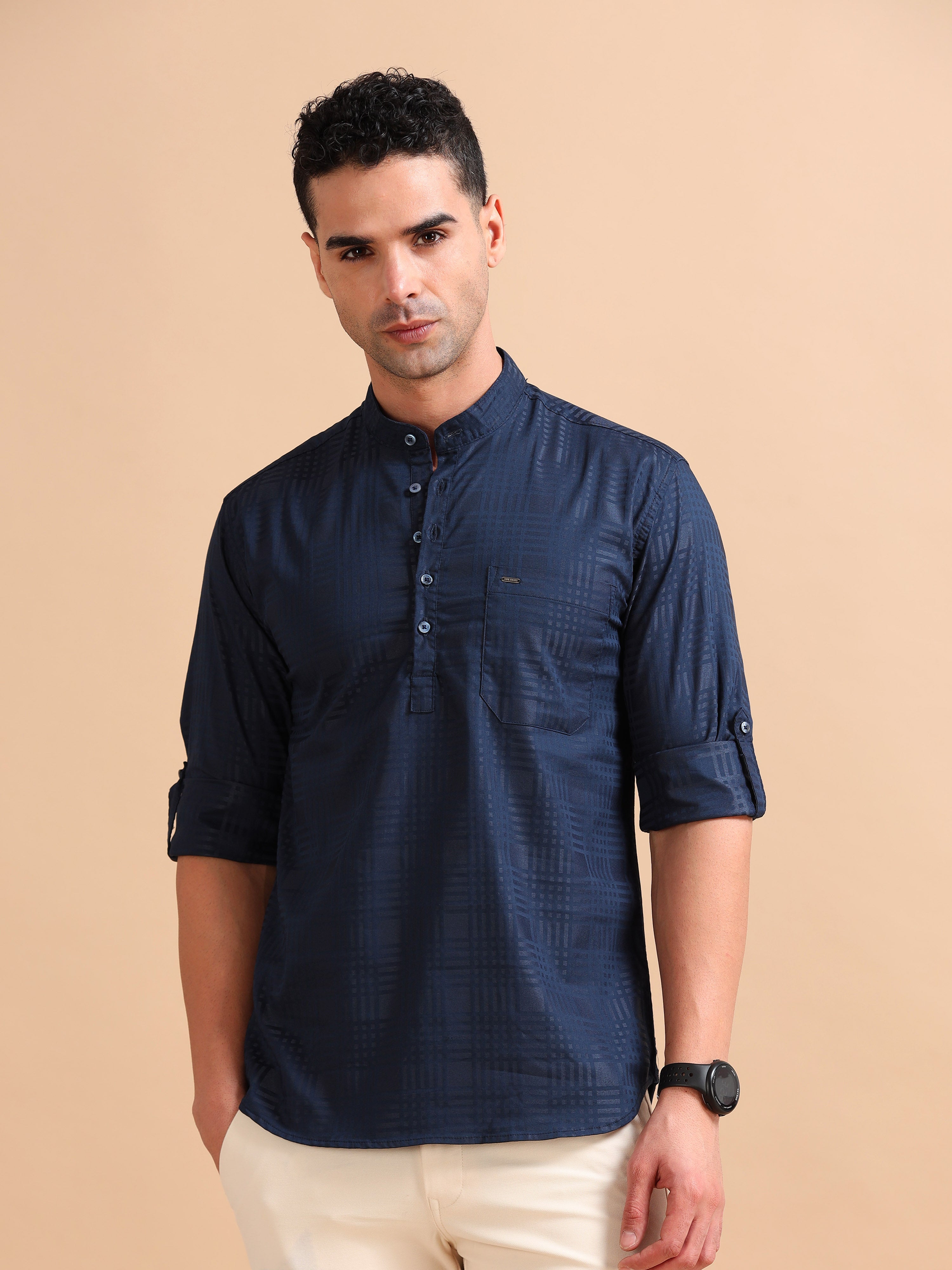 Shop Men Navy Slim Fit Checks Full Sleeve Casual Kurta Shirt Online