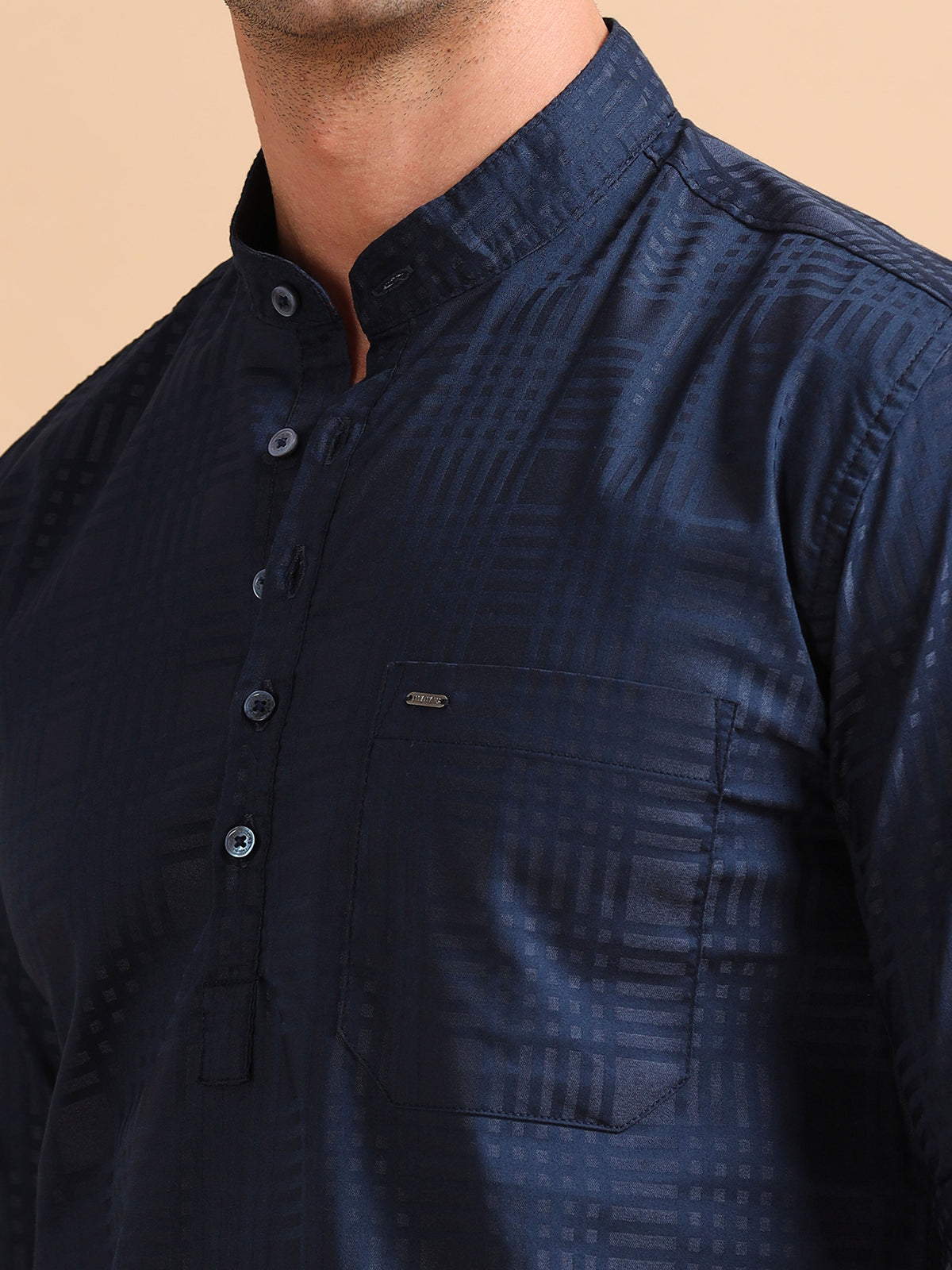 Men Navy Slim Fit Checks Full Sleeve Casual Kurta Shirt