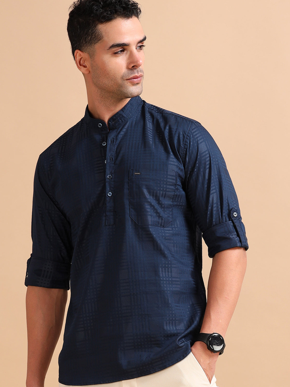 Men Navy Slim Fit Checks Full Sleeve Casual Kurta Shirt