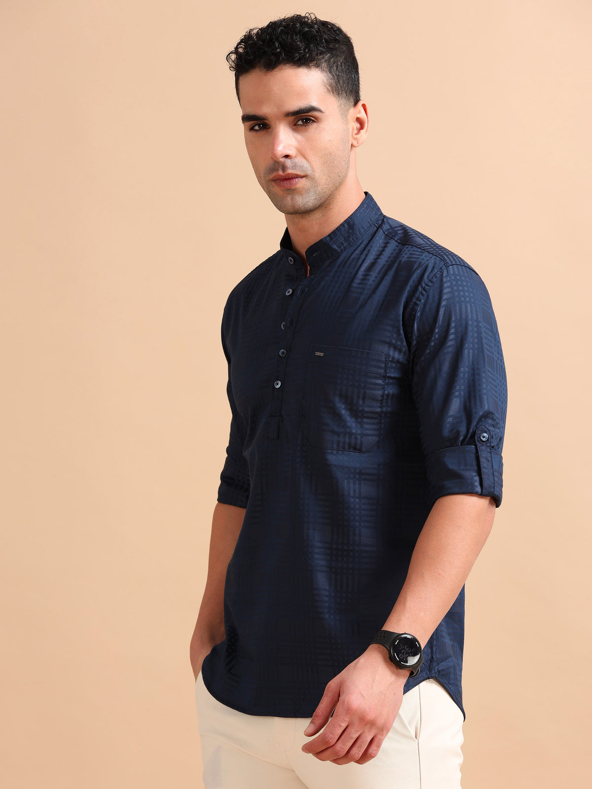 Men Navy Slim Fit Checks Full Sleeve Casual Kurta Shirt