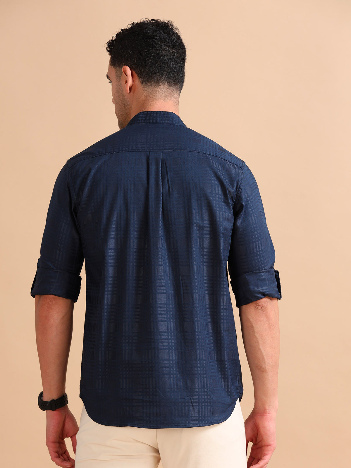 Men Navy Slim Fit Checks Full Sleeve Casual Kurta Shirt