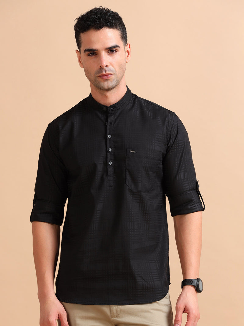 Men Black Slim Fit Checks Full Sleeve Casual Kurta Shirt