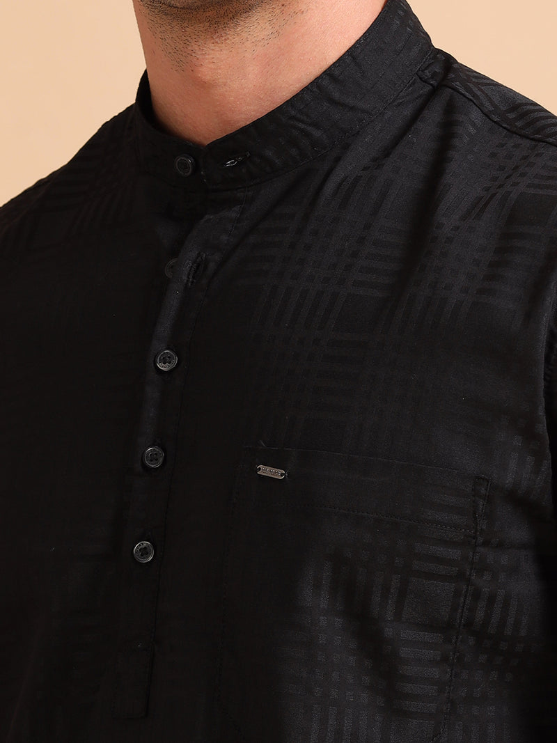 Men Black Slim Fit Checks Full Sleeve Casual Kurta Shirt