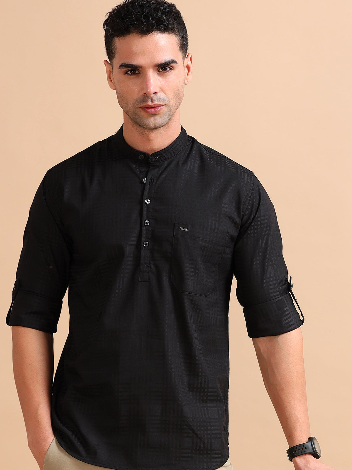 Men Black Slim Fit Checks Full Sleeve Casual Kurta Shirt