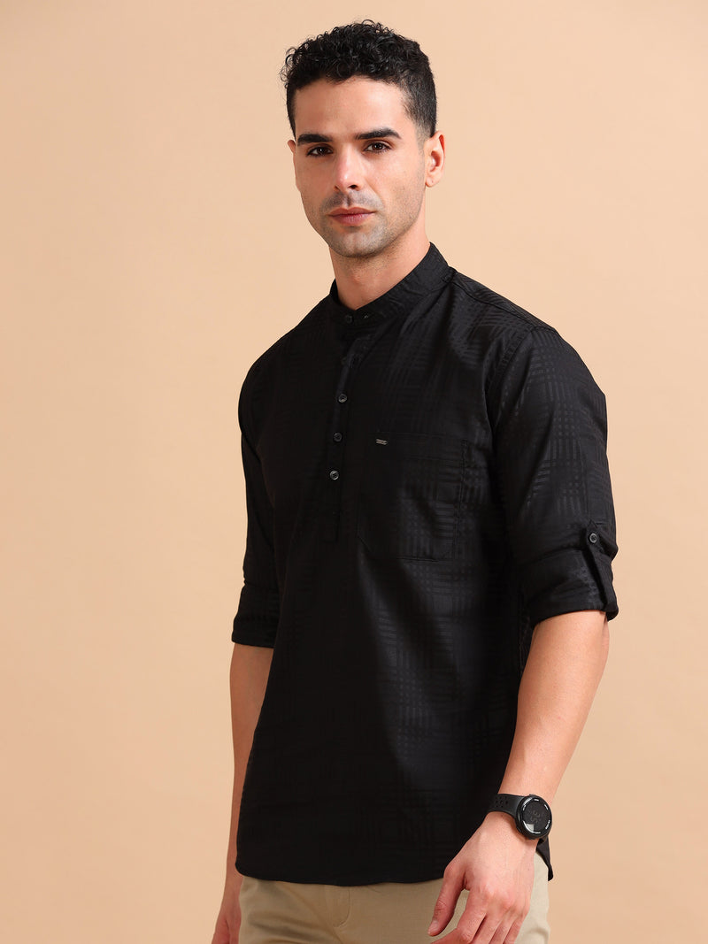 Men Black Slim Fit Checks Full Sleeve Casual Kurta Shirt