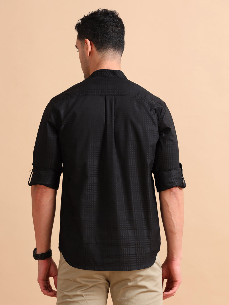 Men Black Slim Fit Checks Full Sleeve Casual Kurta Shirt