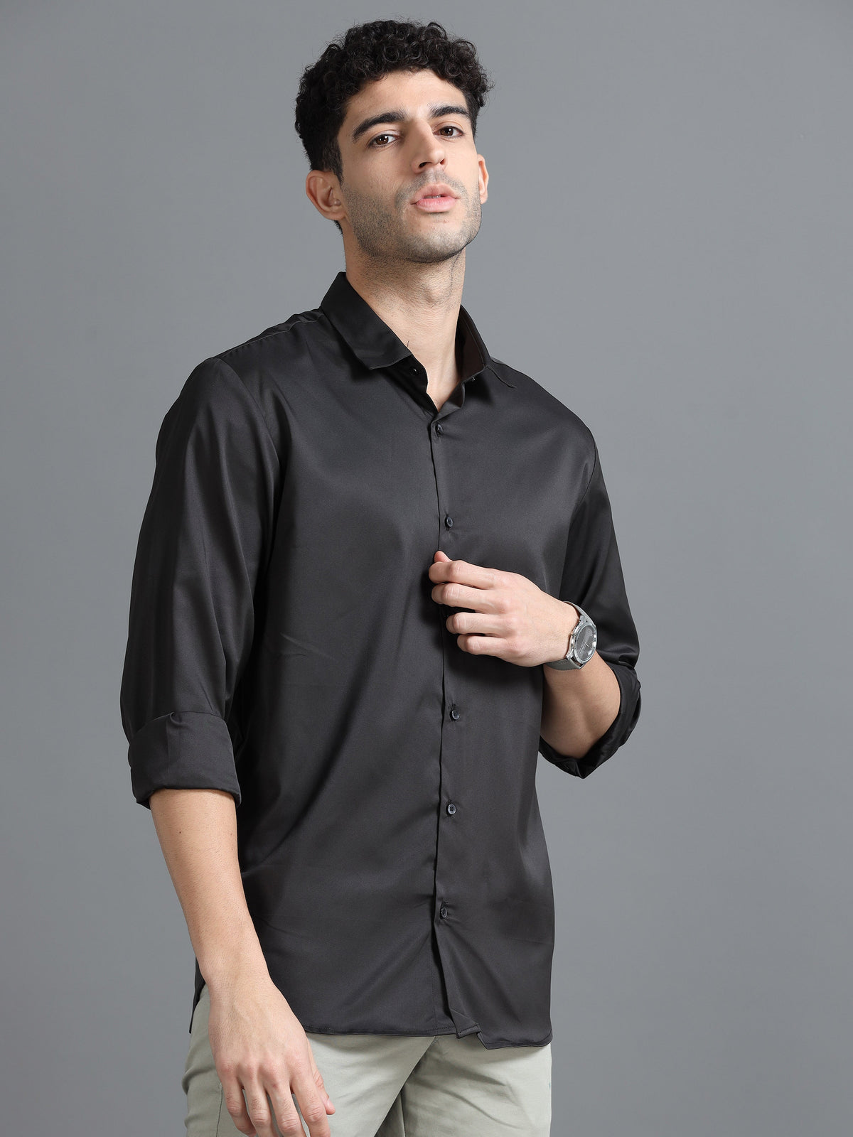 Men Dark Grey Slim Fit Solid Full Sleeve Casual Shirt