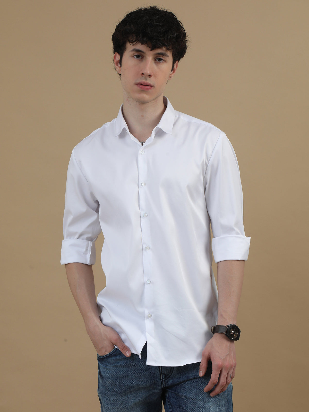 Men White Slim Fit Solid Full Sleeve Casual Shirt