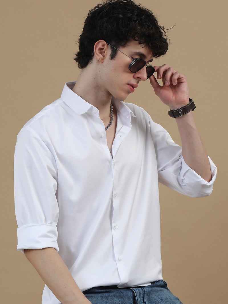 Men White Slim Fit Solid Full Sleeve Casual Shirt