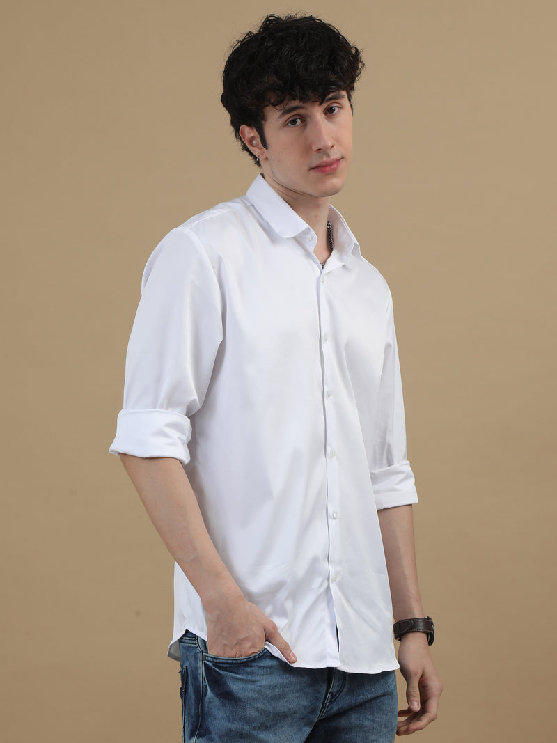 Men White Slim Fit Solid Full Sleeve Casual Shirt