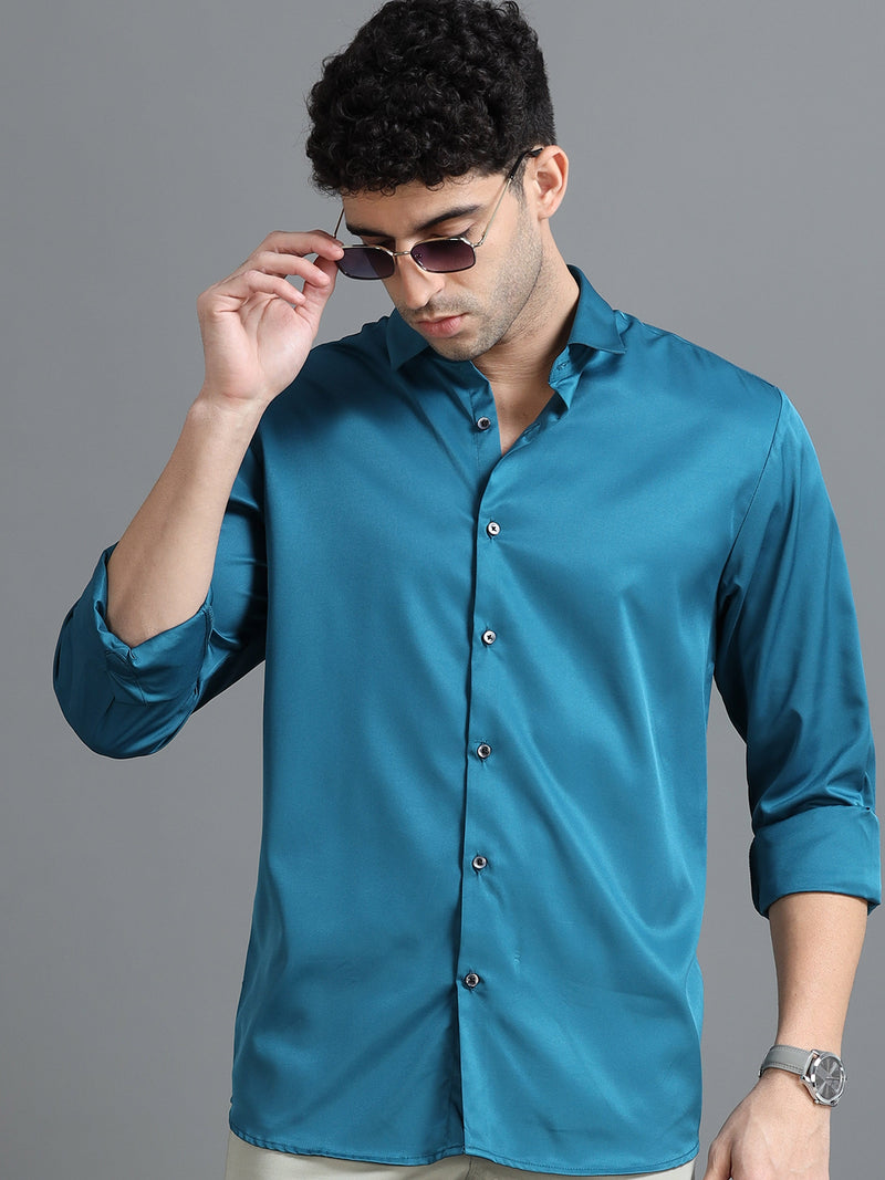 Men Blue Slim Fit Solid Full Sleeve Casual Shirt