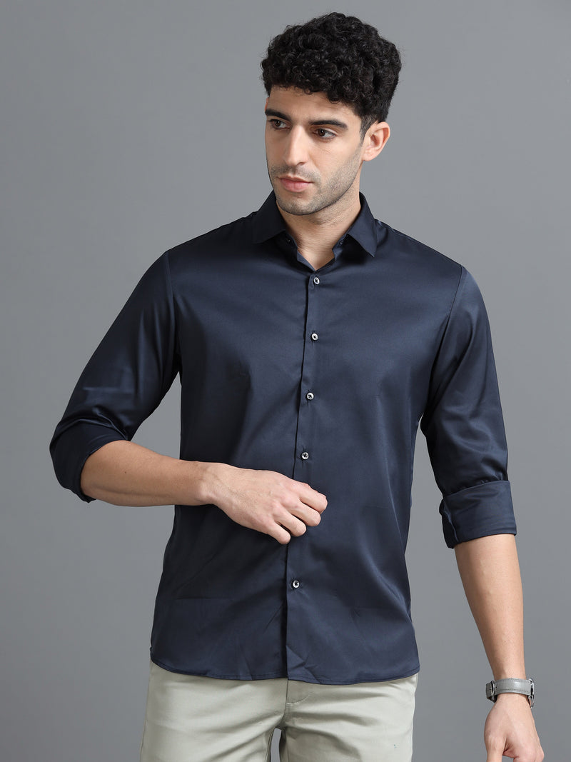 Men Navy Slim Fit Solid Full Sleeve Casual Shirt