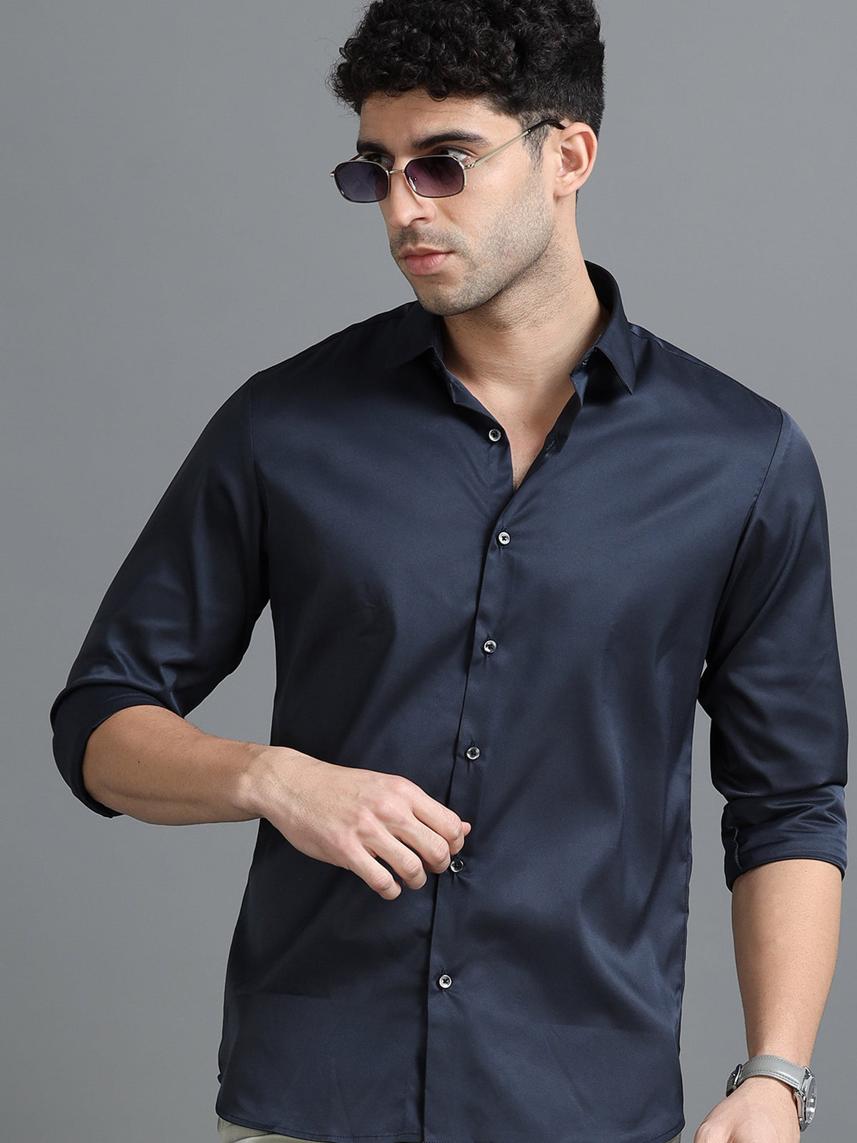 Men Navy Slim Fit Solid Full Sleeve Casual Shirt