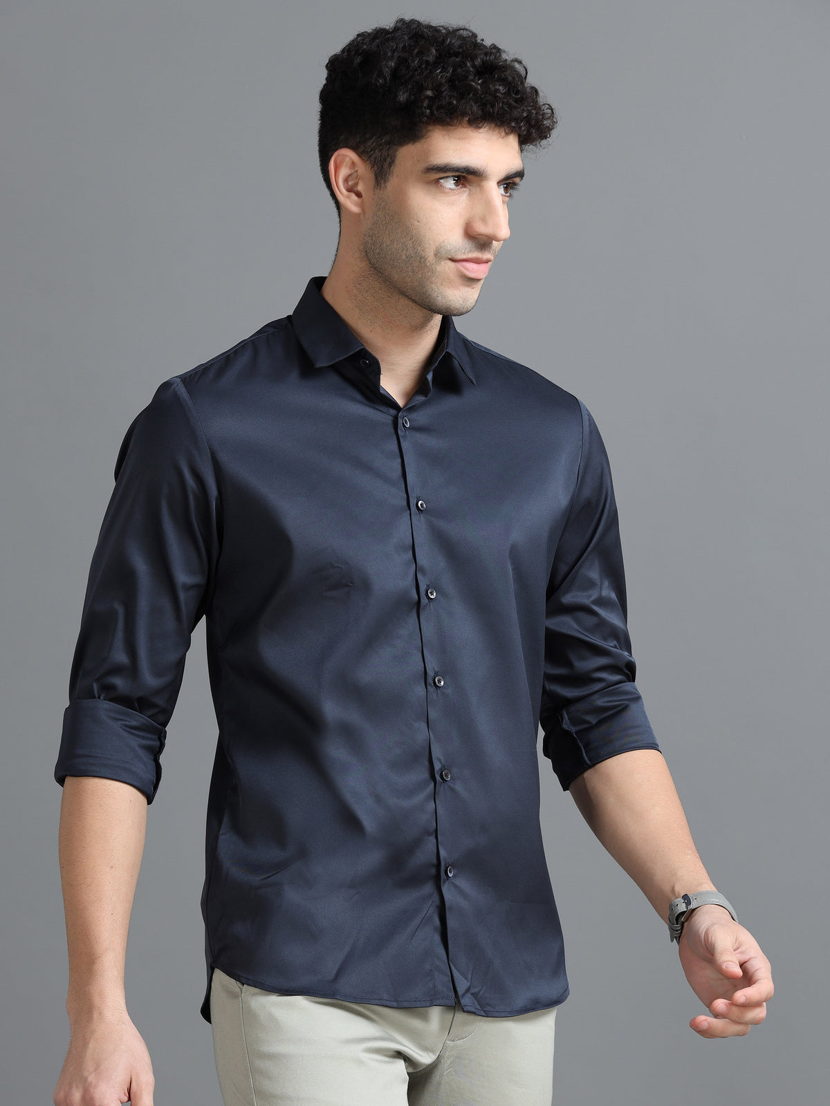 Men Navy Slim Fit Solid Full Sleeve Casual Shirt