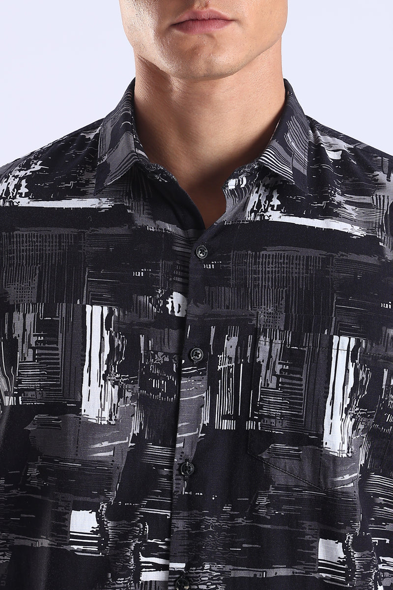 Black Printed  Slim Fit Cotton Full Sleeve Shirt