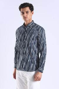 Navy Printed  Slim Fit Cotton Full Sleeve Shirt