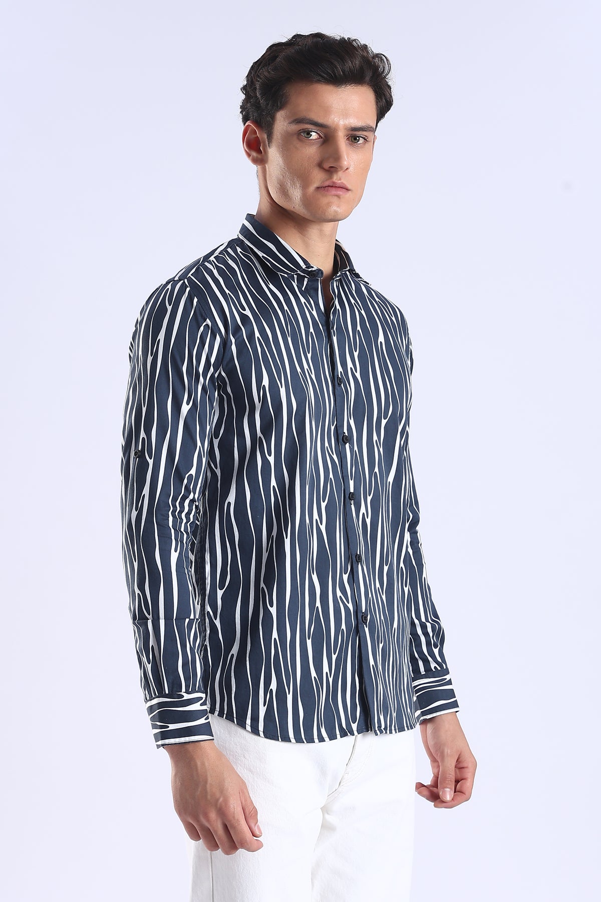 Navy Printed  Slim Fit Cotton Full Sleeve Shirt