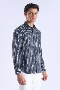 Navy Printed  Slim Fit Cotton Full Sleeve Shirt