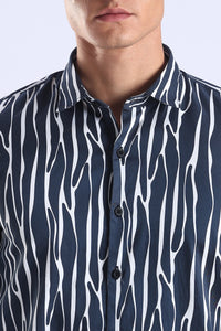 Navy Printed  Slim Fit Cotton Full Sleeve Shirt