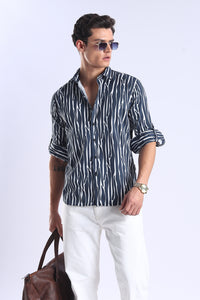 Navy Printed  Slim Fit Cotton Full Sleeve Shirt