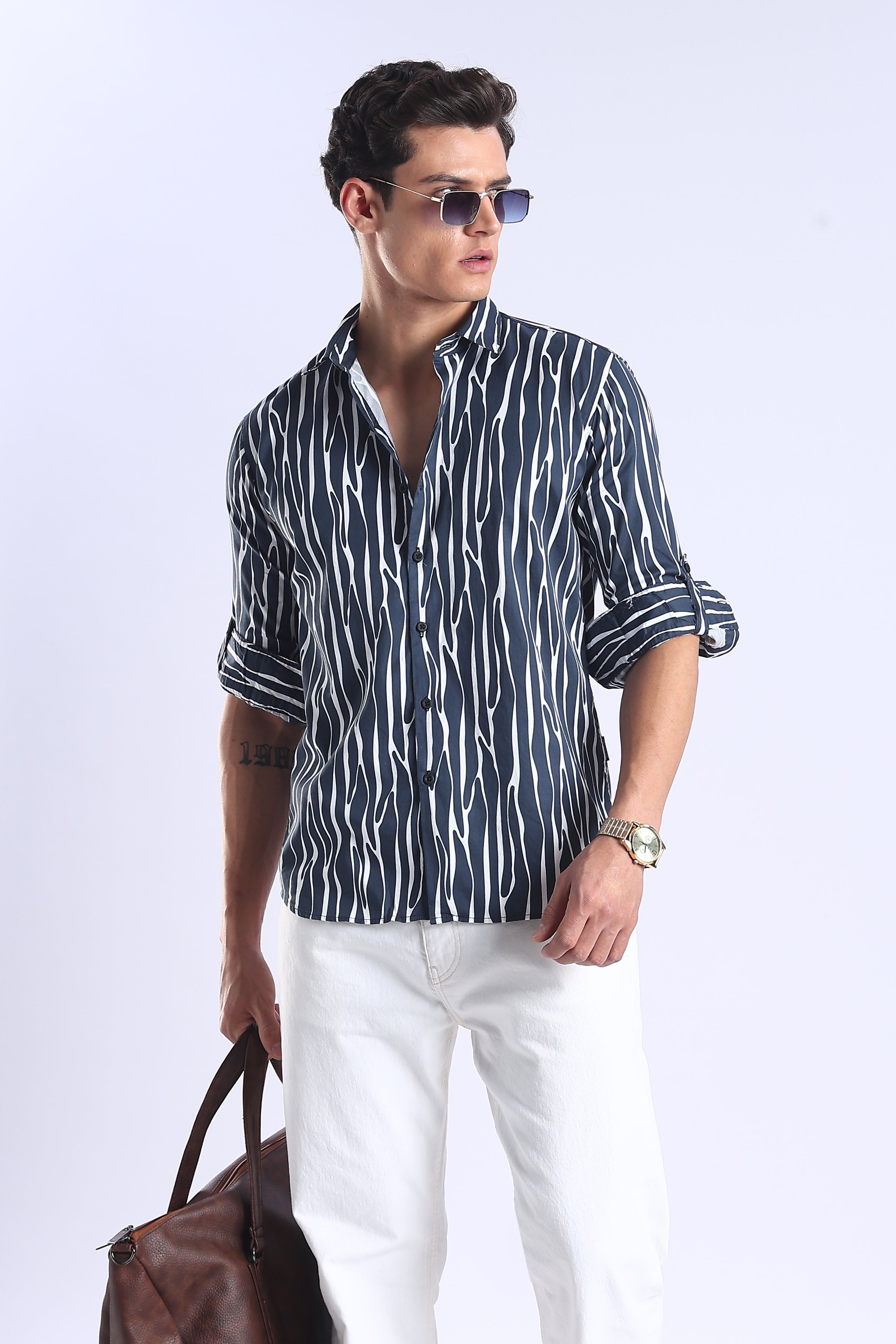 Navy Printed  Slim Fit Cotton Full Sleeve Shirt
