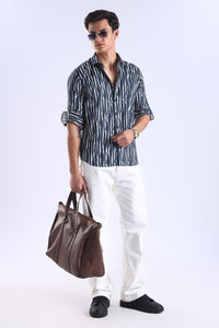 Navy Printed  Slim Fit Cotton Full Sleeve Shirt