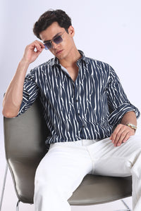 Navy Printed  Slim Fit Cotton Full Sleeve Shirt