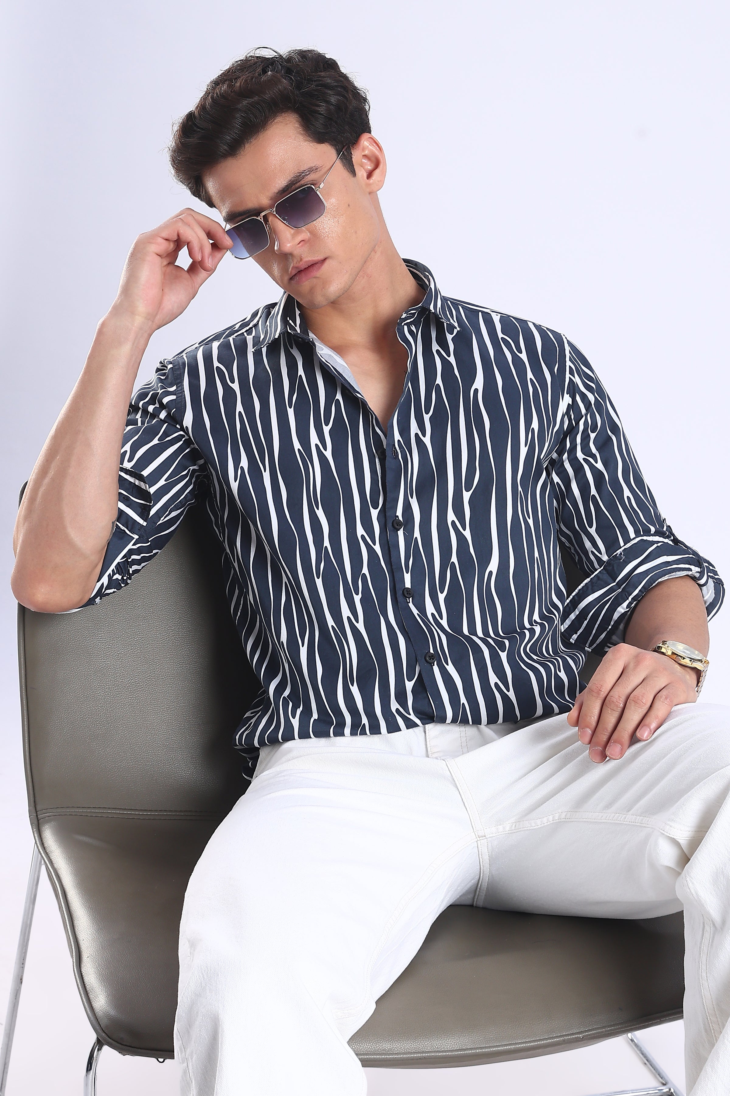 Navy Printed  Slim Fit Cotton Full Sleeve Shirt