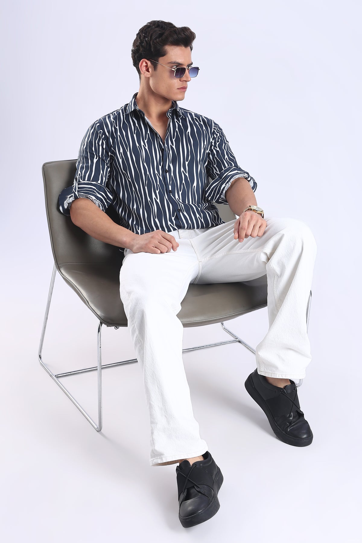 Navy Printed  Slim Fit Cotton Full Sleeve Shirt