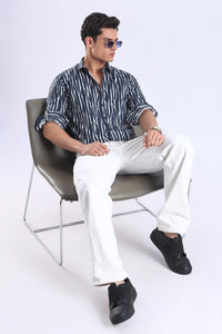 Navy Printed  Slim Fit Cotton Full Sleeve Shirt