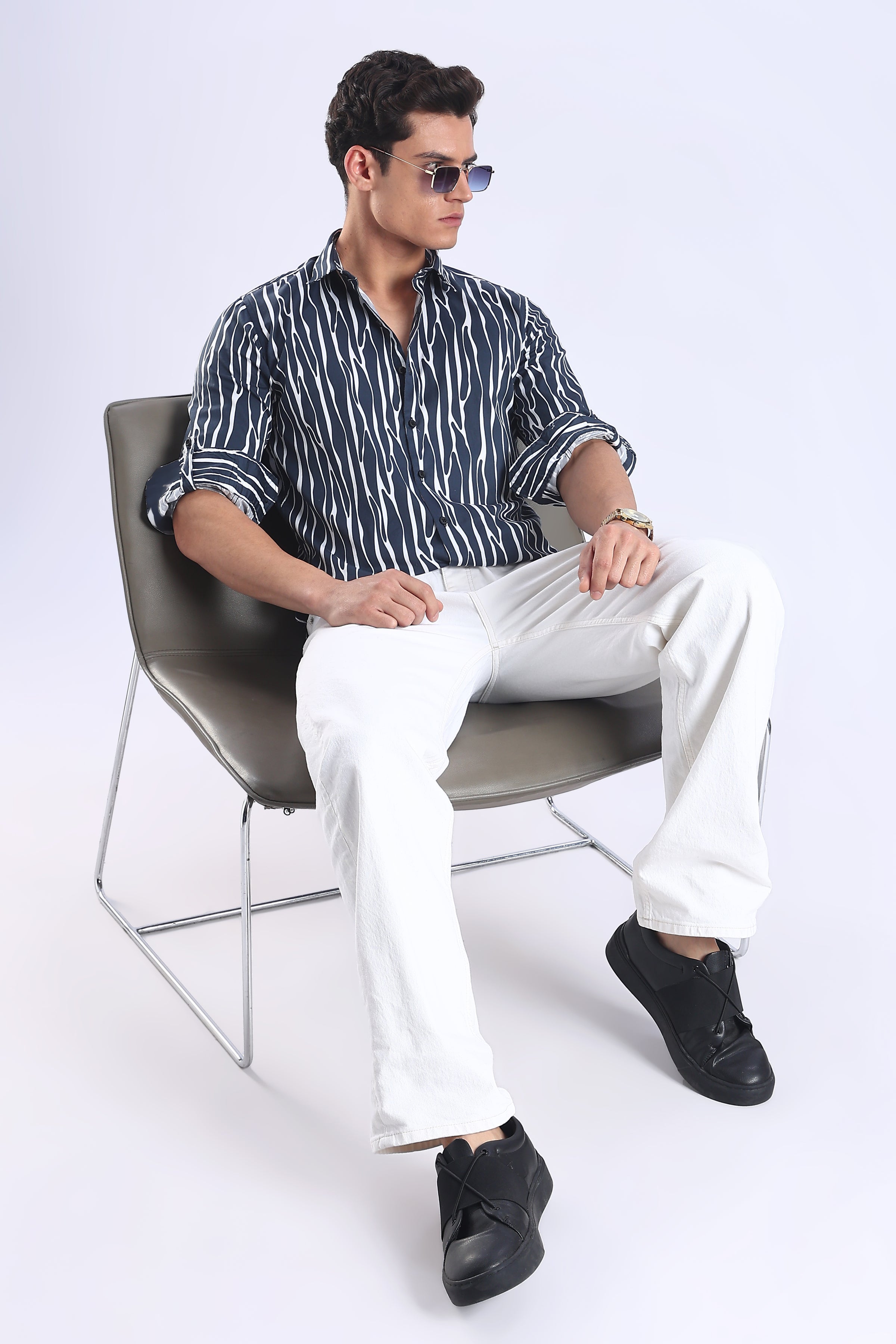 Navy Printed  Slim Fit Cotton Full Sleeve Shirt