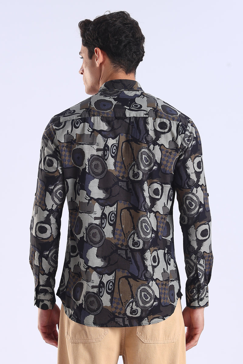 Brown Camouflage Printed Slim Fit Cotton Full Sleeve Shirt