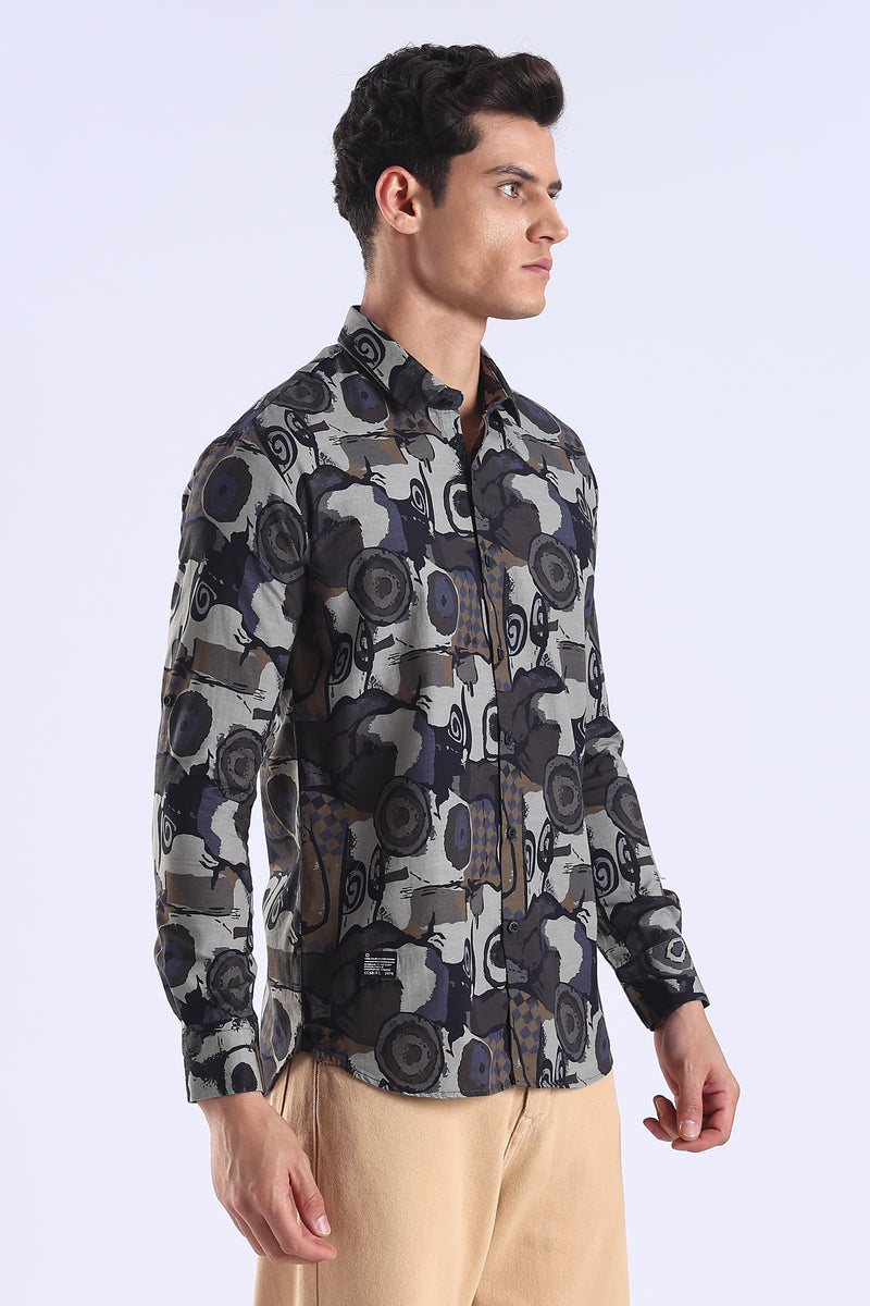 Brown Camouflage Printed Slim Fit Cotton Full Sleeve Shirt