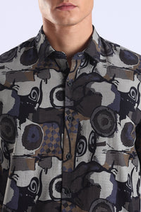 Brown Camouflage Printed Slim Fit Cotton Full Sleeve Shirt